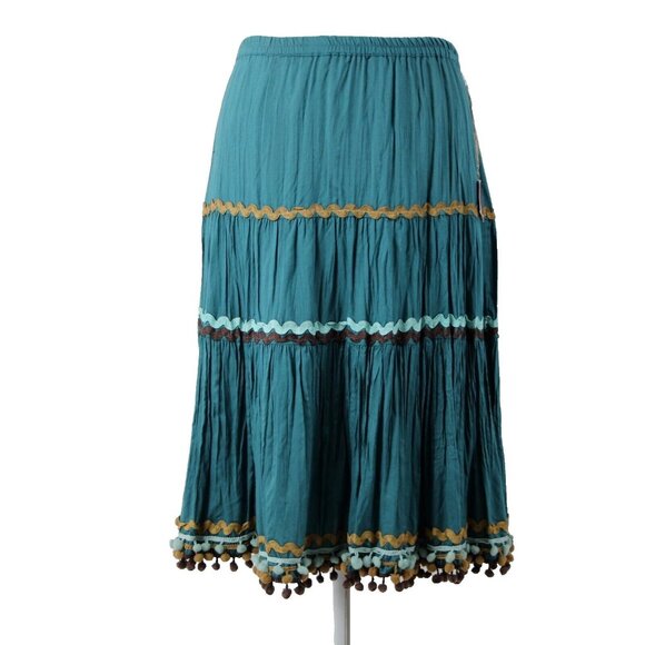 Double D Ranch Sz M Teal Blue Brown Multi Elastic Waist 100% Viscose Skirt